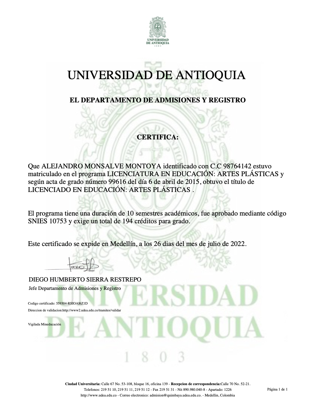 Bachelor Plastic Arts Certificate in Spanish